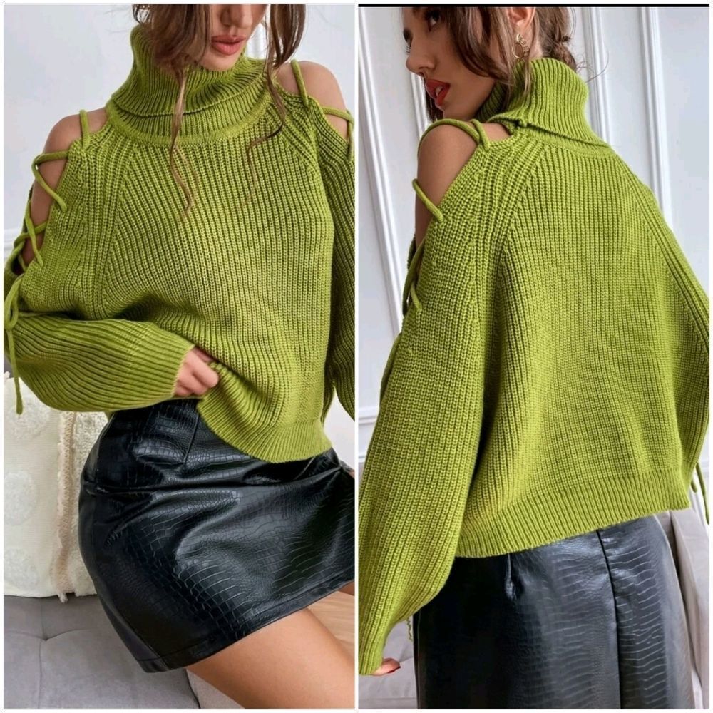 Turtleneck Cold Shoulder Lace Up Side Sweater